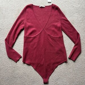 Abercrombie & Fitch Plunge V Neck Bodysuit Women XL Ribbed Knit Long Sleeve Pink